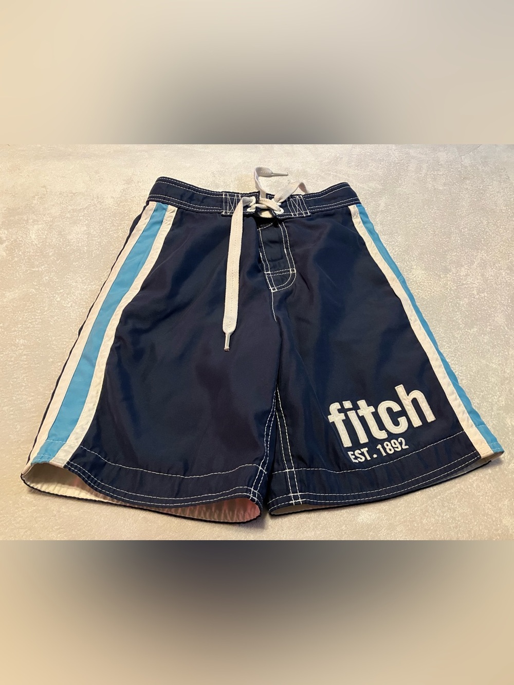 Abercrombie & Fitch Navy Blue Athletic Shorts with Light Blue Stripes